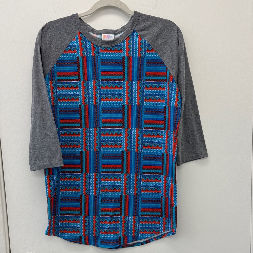 LuLaRoe Gray and Blue Geometric Top